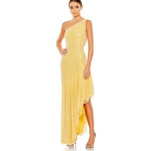 Mac Duggal One Shoulder Pearl Sequin Yellow Asymmetrical Formal Gown Dress NWT